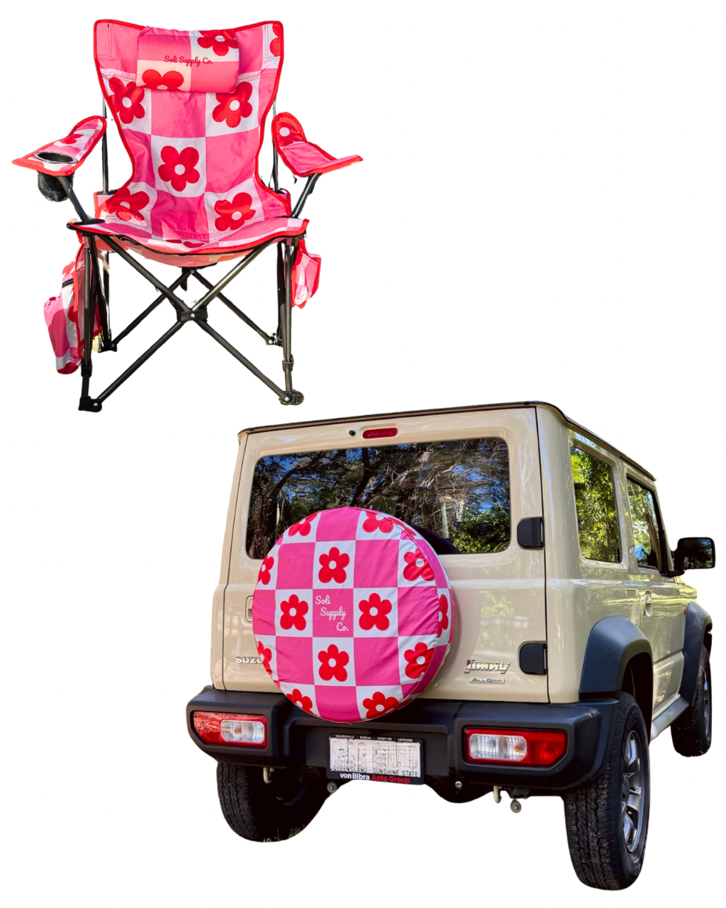 Soli Supply Co Pretty in Pink Bundle with pink gingham camp chair and tyre cover